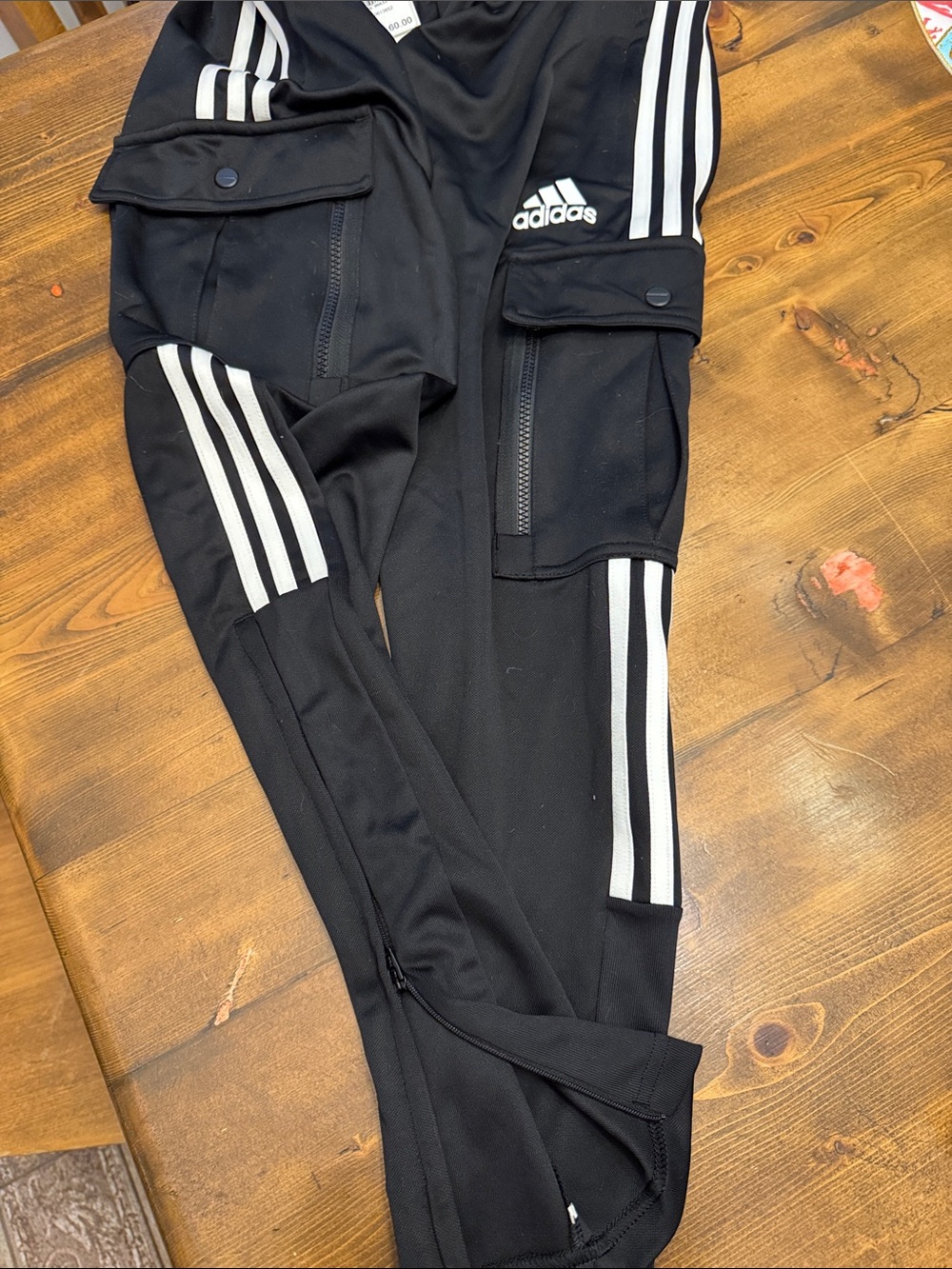 adidas Black Track Pants with White Stripes and Cargo Pockets and Ankle Zippers